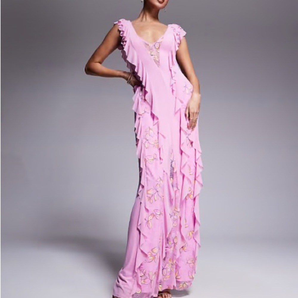 AFRM Trista lace inset Pink Floral Ruffle Maxi Dress
